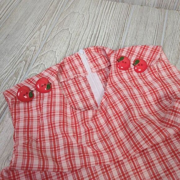 Little Girls Approx Medium Red White Check Sleeveless Dress Apple Embellishments - Picture 8 of 10